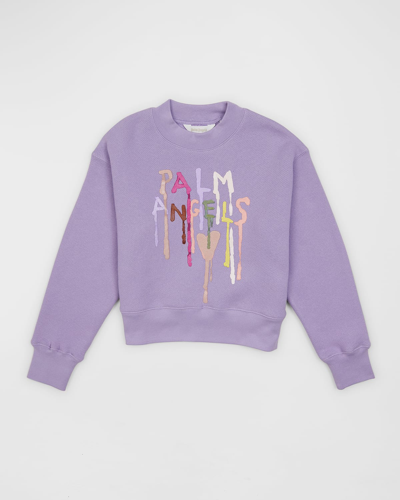 Shop Palm Angels Girl's Dripping Logo Crewneck Sweater In Lilac Multi