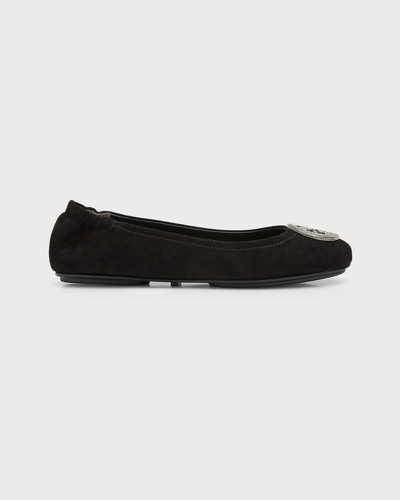 Shop Tory Burch Minnie Suede Pave Travel Ballerina Flats In Perfect Black