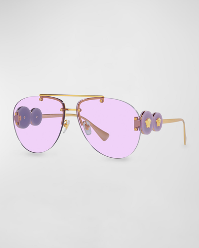 Shop Versace Logo Emblem Metal Aviator Sunglasses In Violet