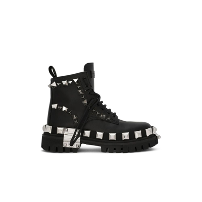 Shop Dolce & Gabbana Black Studded Leather Combat Boots