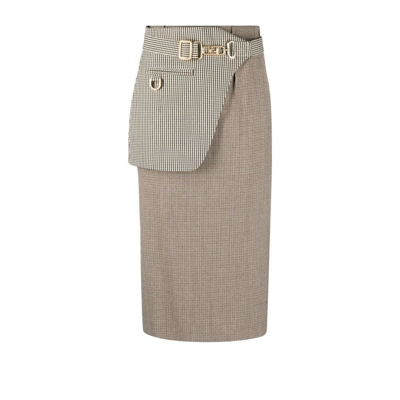 Shop Fendi Neutral Houndstooth Wool Midi Skirt - Women's - Polyamide/virgin Wool/silk/spandex/elastane In Brown