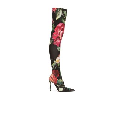Shop Dolce & Gabbana Floral Thigh-high Boots - Women's - Leather/goat Skin/polyester/spandex/elastane In Black
