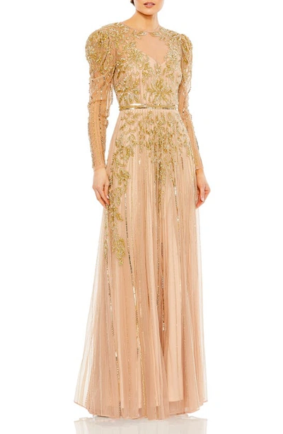 Shop Mac Duggal Beaded Long Sleeve A-line Gown In Nude Gold