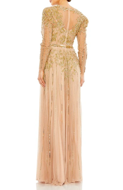 Shop Mac Duggal Beaded Long Sleeve A-line Gown In Nude Gold