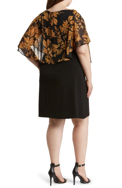 Connected Apparel Floral Cape Overlay Sheath Dress In Mustard
