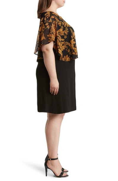Connected Apparel Floral Cape Overlay Sheath Dress In Mustard