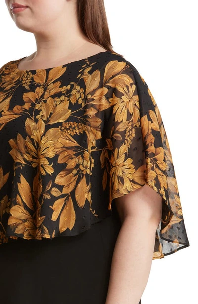 Connected Apparel Floral Cape Overlay Sheath Dress In Mustard