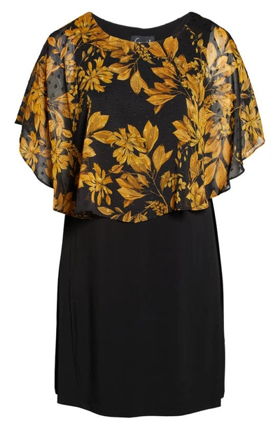 Connected Apparel Floral Cape Overlay Sheath Dress In Mustard