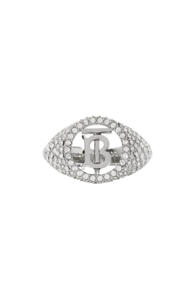 Shop Burberry Pavé Tb Signet Ring In Palladio / Crystal