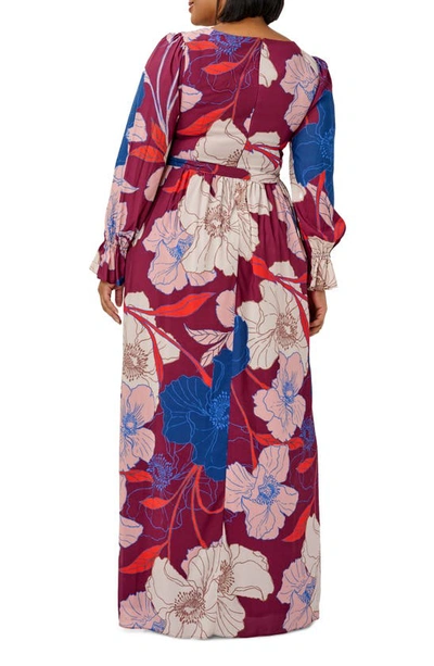 Adrianna Papell Floral Print Long Sleeve Chiffon Faux Wrap Gown In Burgundy  Multi | ModeSens