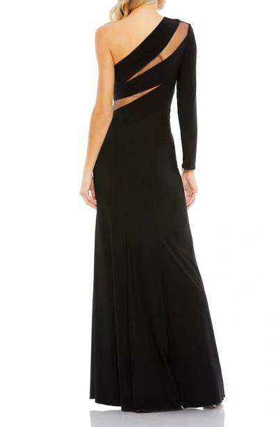 Shop Mac Duggal Cutout Illusion Mesh One-shoulder Jersey Trumpet Gown In Black