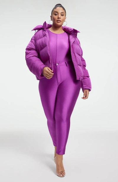 Shop Good American Iridescent Puffer Jacket With Removable Hood In Pop Thistle005