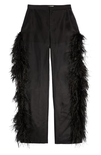 Shop Lapointe Ostrich Feather Trim Silk Organza Trousers In Black