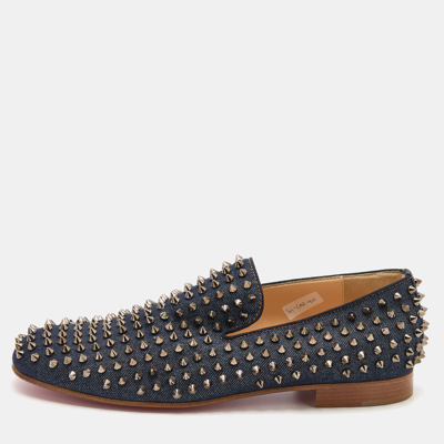 Pre-owned Christian Louboutin Navy Blue Denim Rollerball Spikes Smoking Slippers Size 42