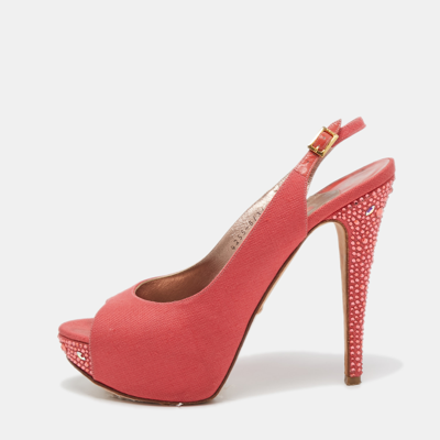Pre-owned Gina Coral Pink Canvas Crystal Embellished Open Toe Slingback Pumps Size 39.5