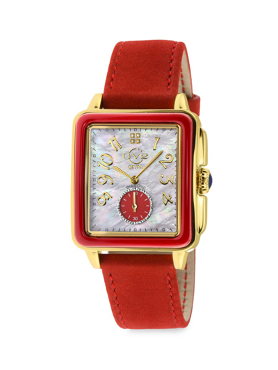 Gv2 Women's Bari 34mm Stainless Steel, Diamond, Mother Of Pearl & Leather Strap Watch In Red
