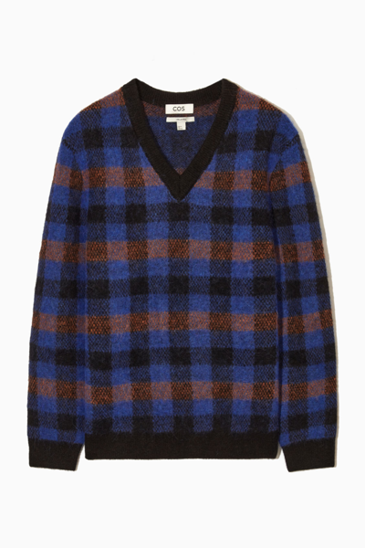 Cos Relaxed-fit Checked V-neck Jumper In Blue | ModeSens