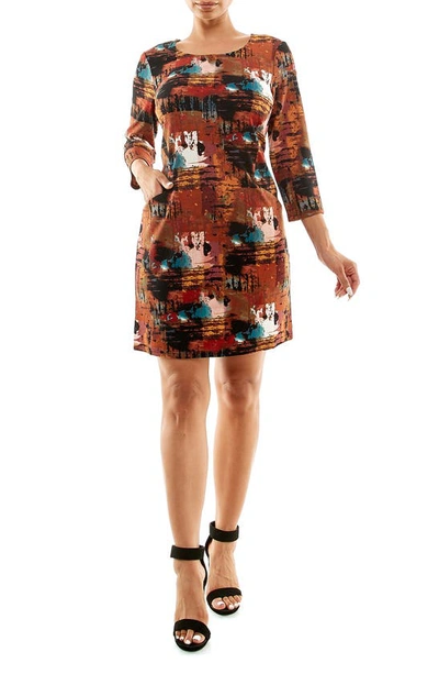 Shop Nina Leonard Patterned 3/4 Sleeve Trapeze Dress In Rust Multi