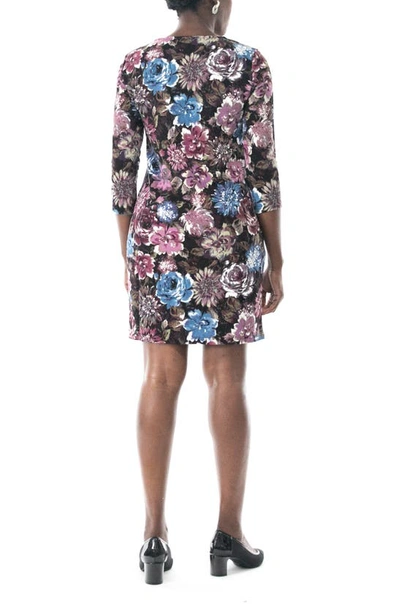 Nina Leonard Patterned 3/4 Sleeve Trapeze Dress In Berry Multi