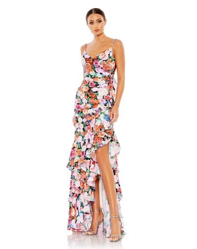 Shop Mac Duggal Floral Print Asymmetrical Ruffle Hem Gown In Multi