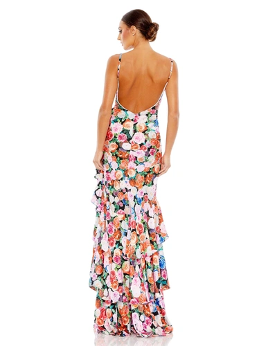 Mac Duggal Floral Print Asymmetrical Ruffle Hem Gown In Multi