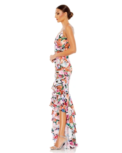 Mac Duggal Floral Print Asymmetrical Ruffle Hem Gown In Multi