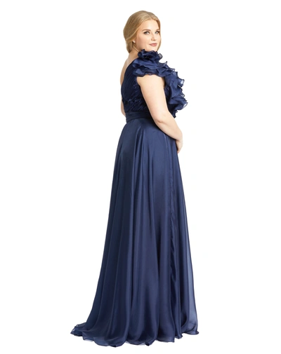 Mac Duggal Plus Size Chiffon Ruffle One-shoulder Gown In Midnight