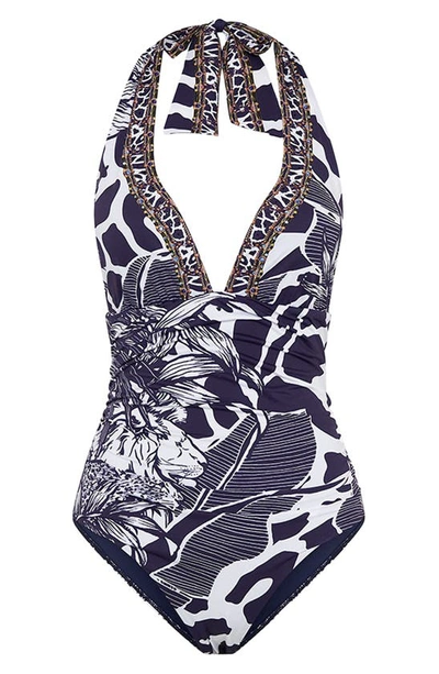 Shop Camilla Giraffe Print Halter Neck One-piece Swimsuit In Wheres Your Head At