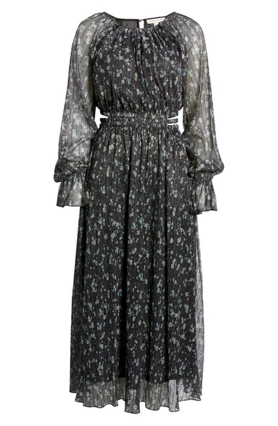 Shop Moon River Smocked Cutout Waist Long Sleeve Midi Dress In Black Multi