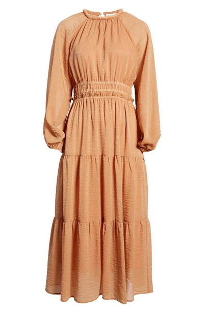 Shop Moon River Smocked Waist Ruffle Metallic Maxi Dress In Terracotta