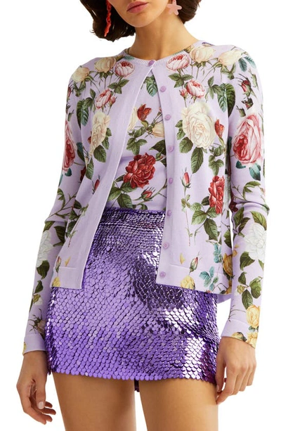 Shop Oscar De La Renta Roses Print Cotton Blend Cardigan In Lavender Multi