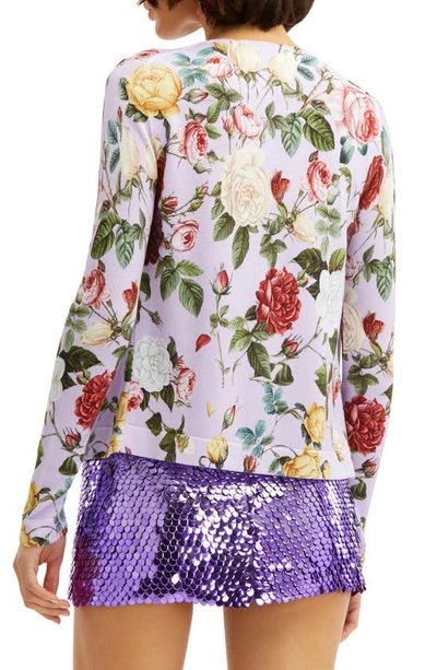 Shop Oscar De La Renta Roses Print Cotton Blend Cardigan In Lavender Multi