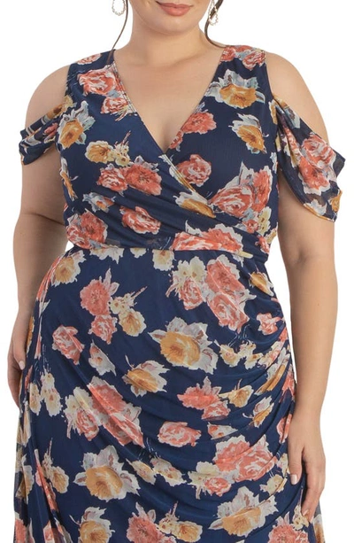 Kiyonna Seraphina Cold Shoulder Mesh Gown In Brushed Florals