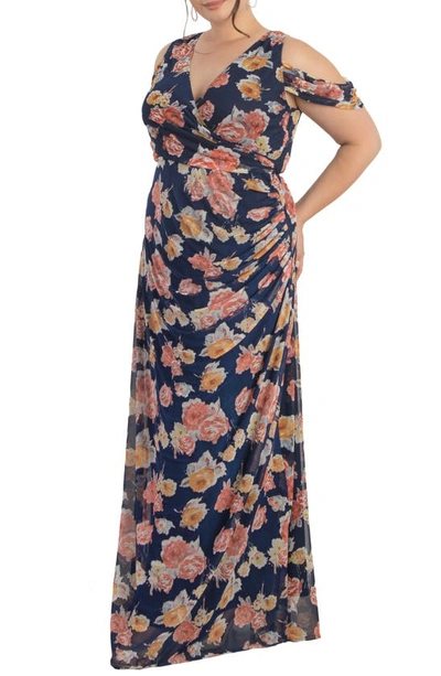 Kiyonna Seraphina Cold Shoulder Mesh Gown In Brushed Florals