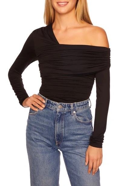 Shop Susana Monaco Asymmetric Off The Shoulder Ruched Long Sleeve Top In Black