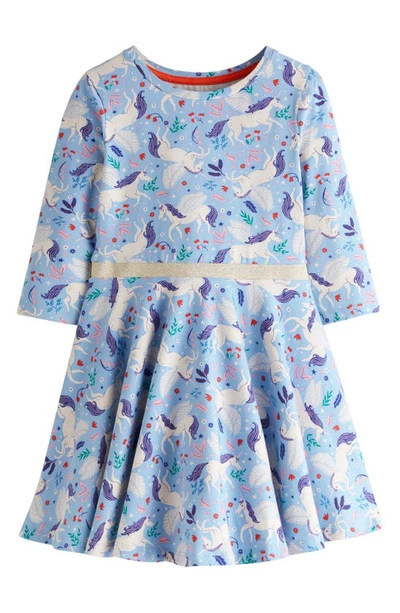 Shop Mini Boden Kids' Print Stretch Cotton Skater Dress In Dusty Blue Magical Unicorns