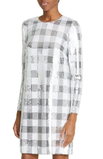 Shop Carolina Herrera Sequin Gingham Check Minidress In White/ Silver