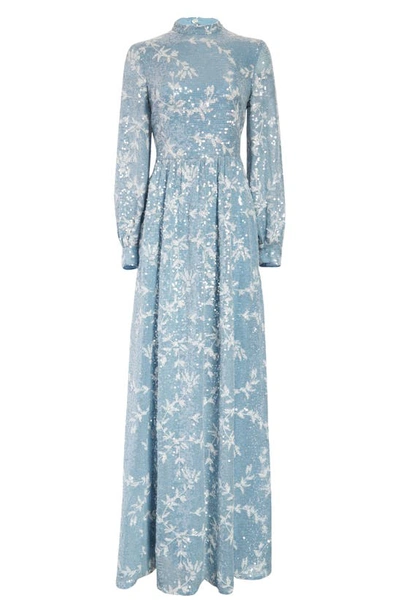 Shop Erdem Kara Sequin Vine Long Sleeve Gown In Blue/ Silver