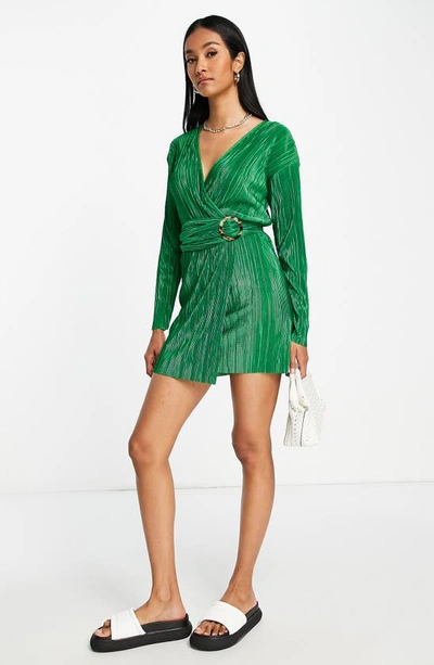 Shop Asos Design Plissé Long Sleeve Wrap Minidress In Medium Green