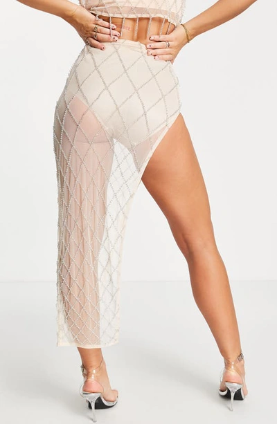 Shop Asos Design Diamante Side Slit Mesh Midi Skirt In Beige