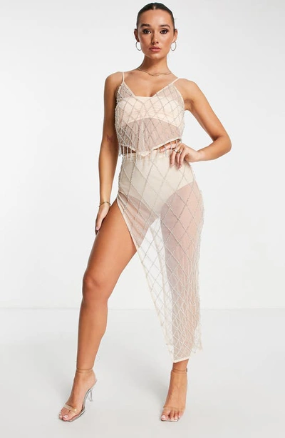 Shop Asos Design Diamante Side Slit Mesh Midi Skirt In Beige