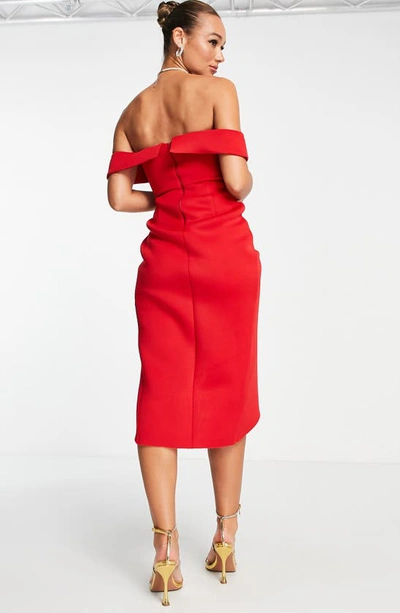 Shop Asos Design Corset Off-the-shoulder Midi Dress In Red