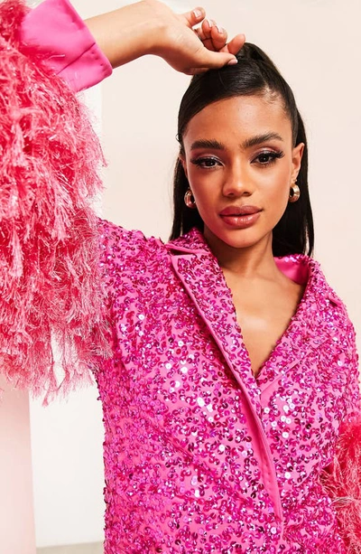 ASOS DESIGN LUXE SEQUIN FAUX FEATHER LONG SLEEVE BLAZER DRESS 