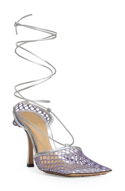 Shop Bottega Veneta Stretch Ankle Wrap Square Toe Sandal In 5306 Purple-silver