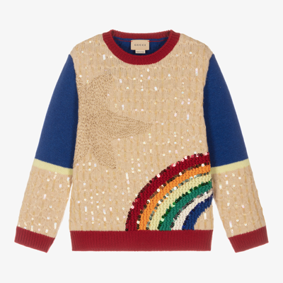 Shop Gucci Girls Beige Wool Sequin Sweater