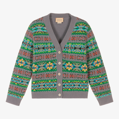 Shop Gucci Girls Grey Wool Knitted Cardigan