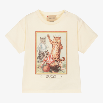 Shop Gucci Boys Ivory Cotton Cats T-shirt