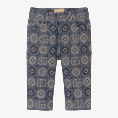 Shop Gucci Blue Jacquard Logo Trousers