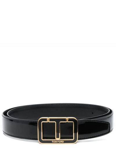 Shop Tom Ford Black Belt In Glossy Finish With Logo Buckle In Nero