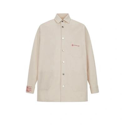 Shop Raf Simons Long Cotton Logo Jacket In Beige